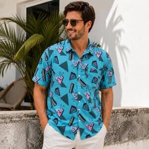 Reason Shirt Mens Large Blue Geometric Print Button Up Retro 90s Short Sleeve